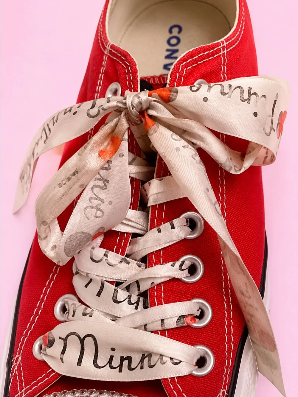 Converse Women’s Custom-Designed Red Minnie Mouse Crystal Accent Lowtop Sneakers